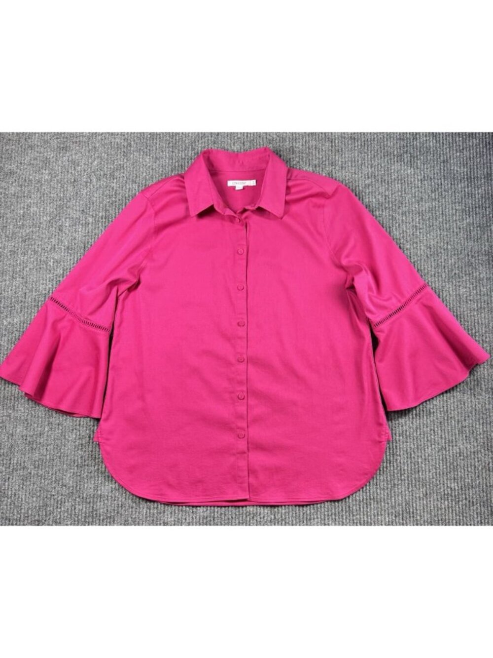 Chicos Flare Bell Sleeve Top Womens 1.5/10 Hot Pink Button Front No Iron Collar